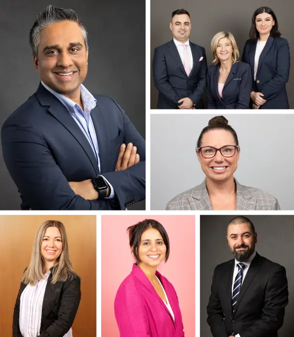 A collage featuring a diverse group of people smiling, dressed in formal attire including blazers and ties, posing together indoors.